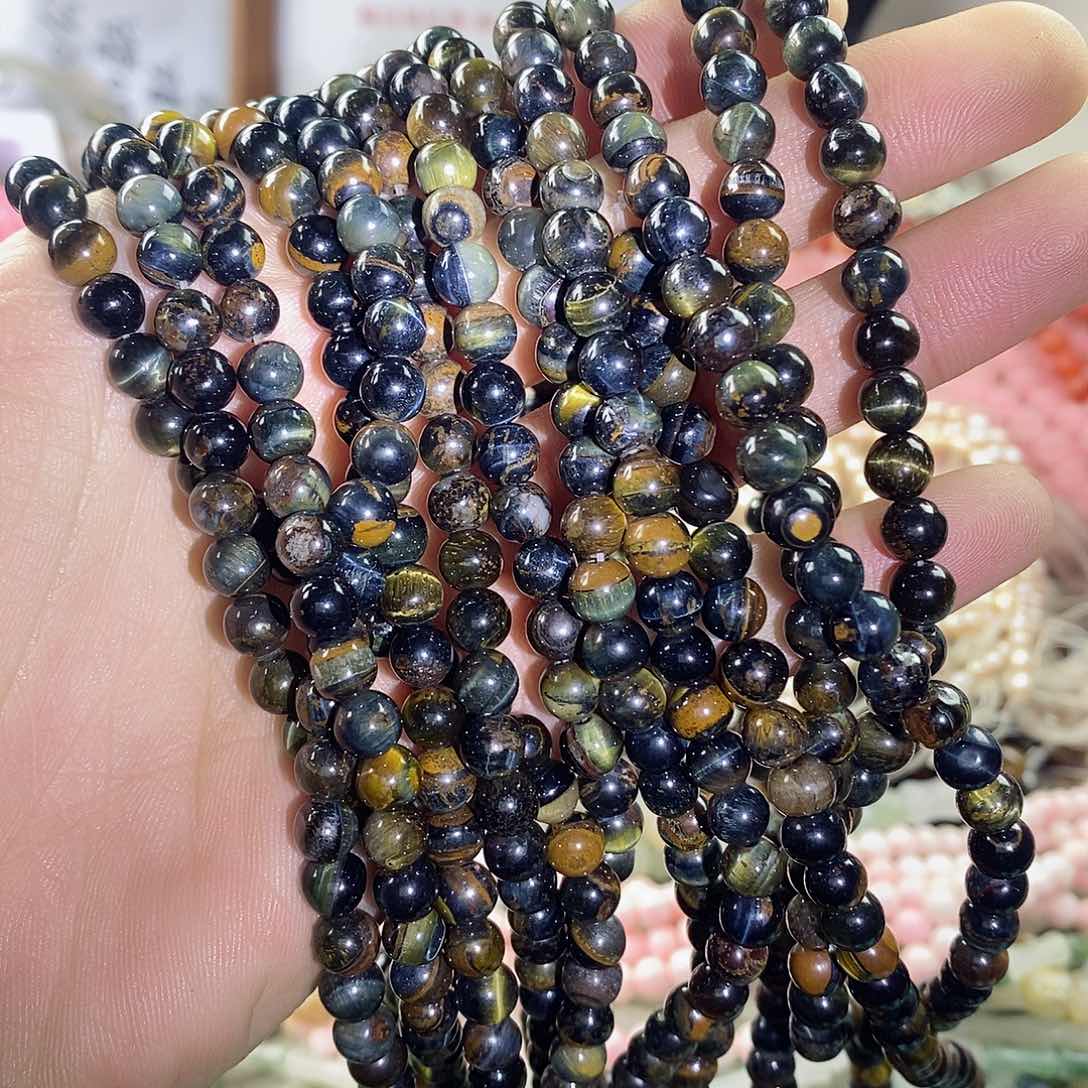 玛瑙/玉髓珠宝半成品合金一条天然6mm彩虎石圆珠A150