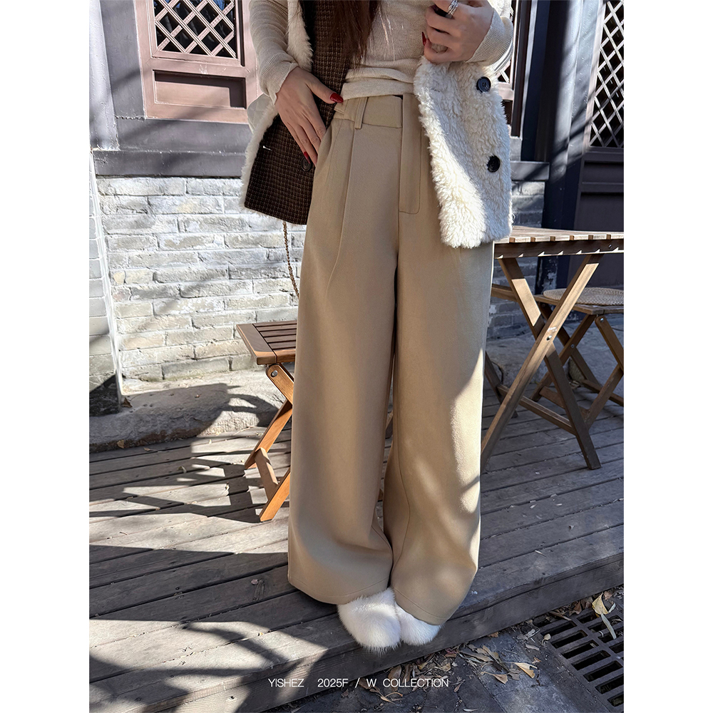 YISHEZ“型走老钱”复古经典立体斜纹褶位直筒阔腿百搭显瘦休闲裤