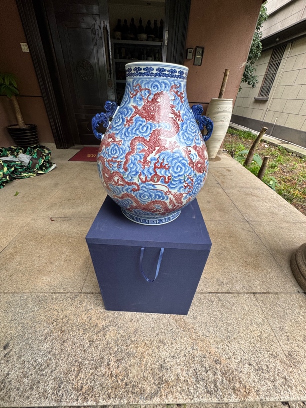 陶瓷工艺品摆件红色青花釉里红龙纹双耳尊高颜值
