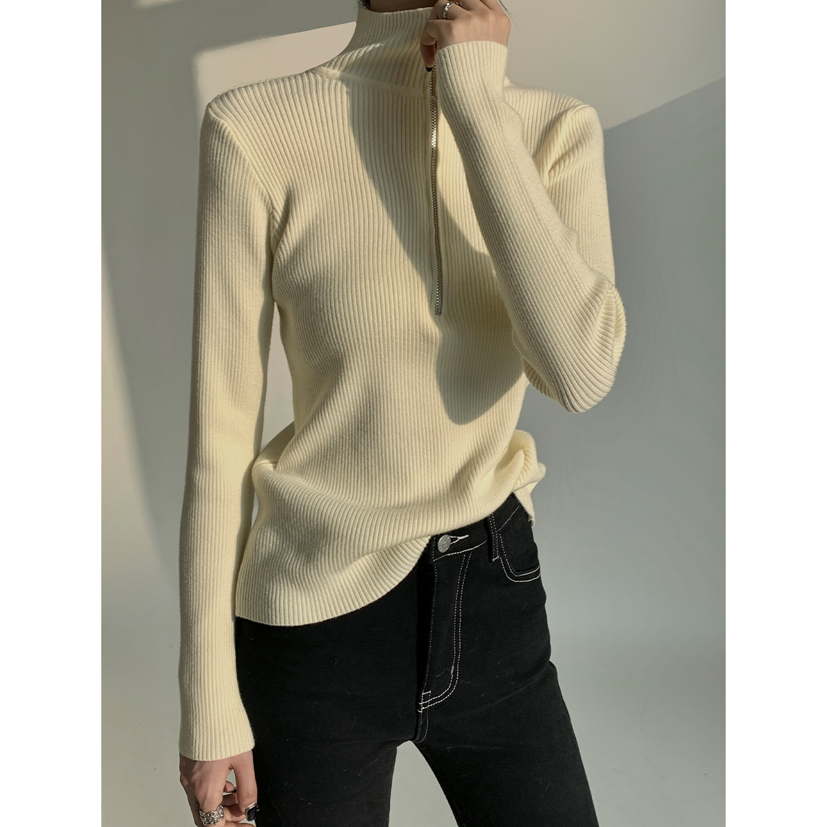 PAPERLLL辛间韩版弹力内搭拉链针织打底衫女秋冬紧身毛衣立领上衣