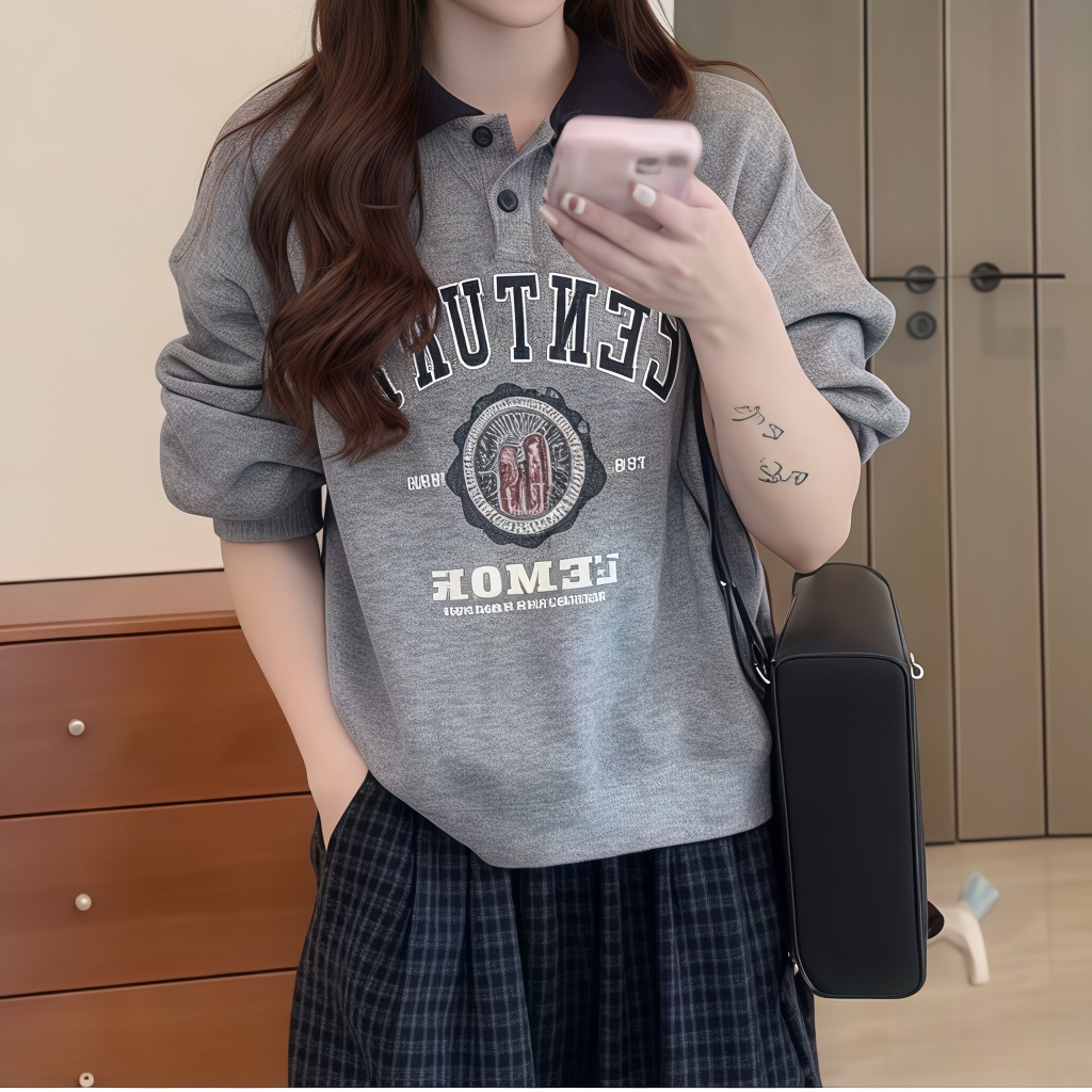 秋季美式复古宽松慵懒风设计感撞色翻领字母卫衣