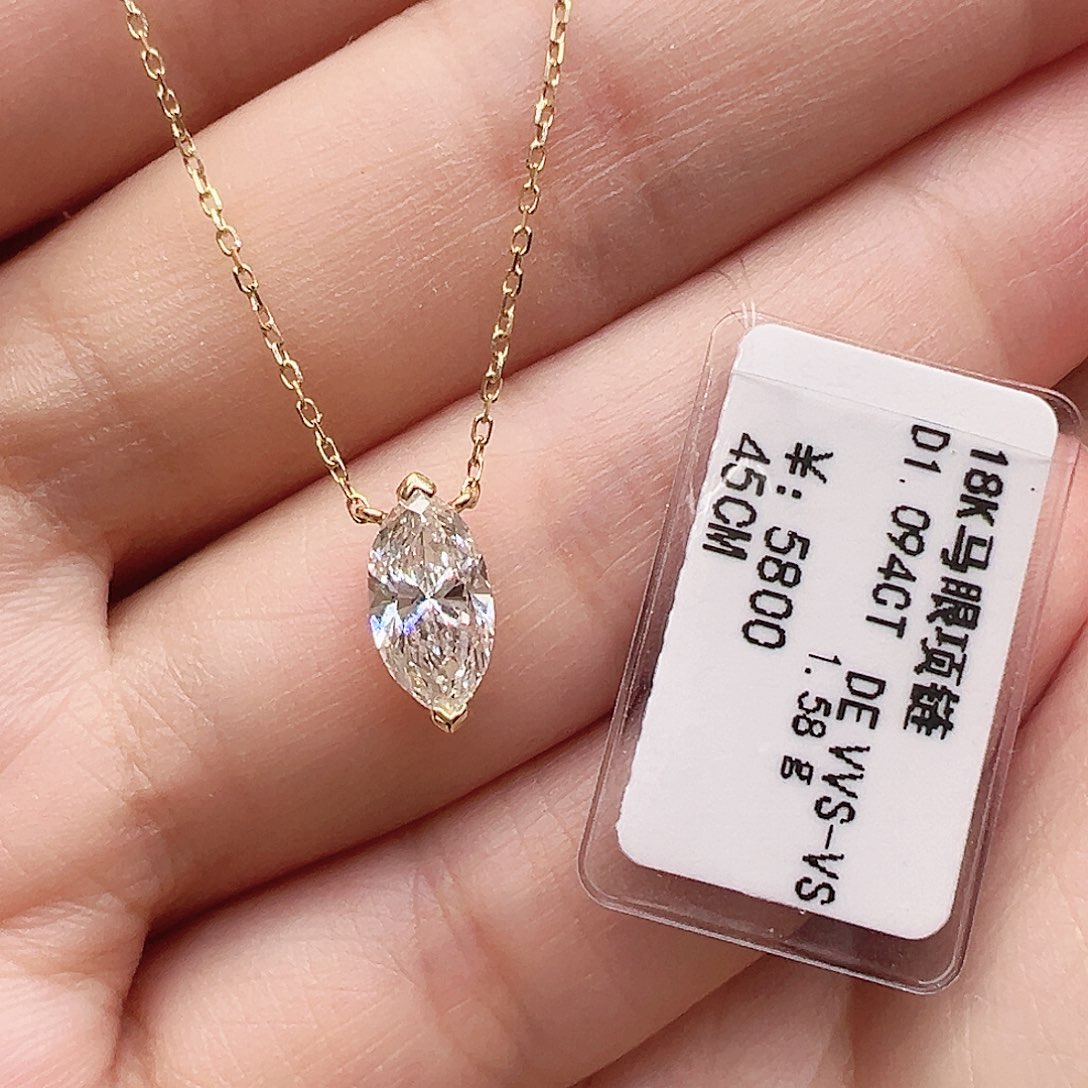 18K金镶嵌套链实验室培育钻石一克拉，马眼形项链k黄