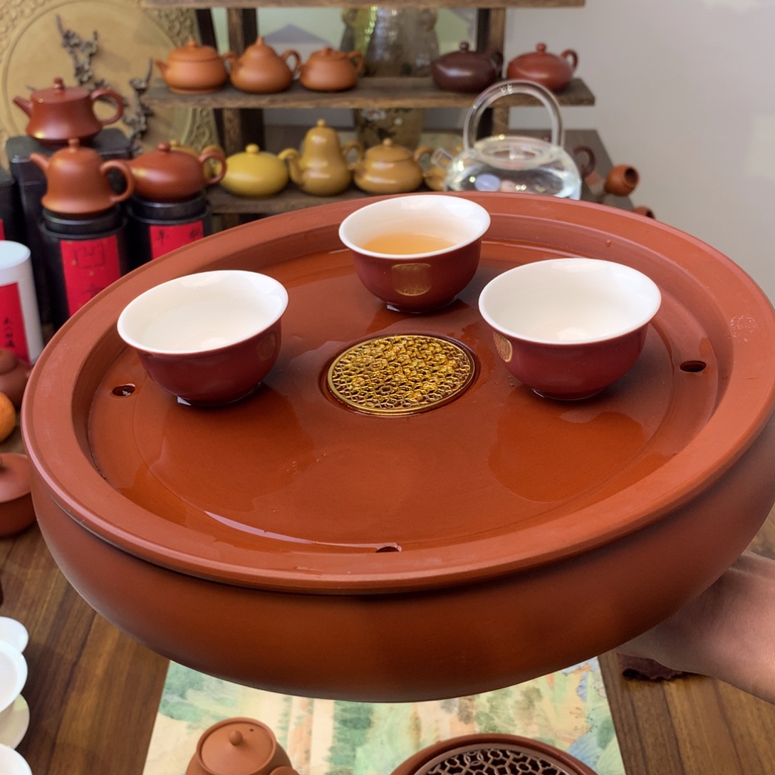 潮州10.5英寸茶盘+3故宫红大杯
