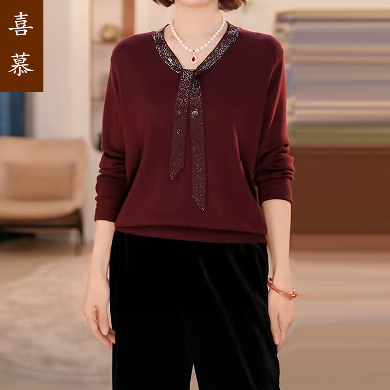 中年妈妈秋装针织衫2025新款时尚毛衣洋气中老年女装打底衫上衣服
