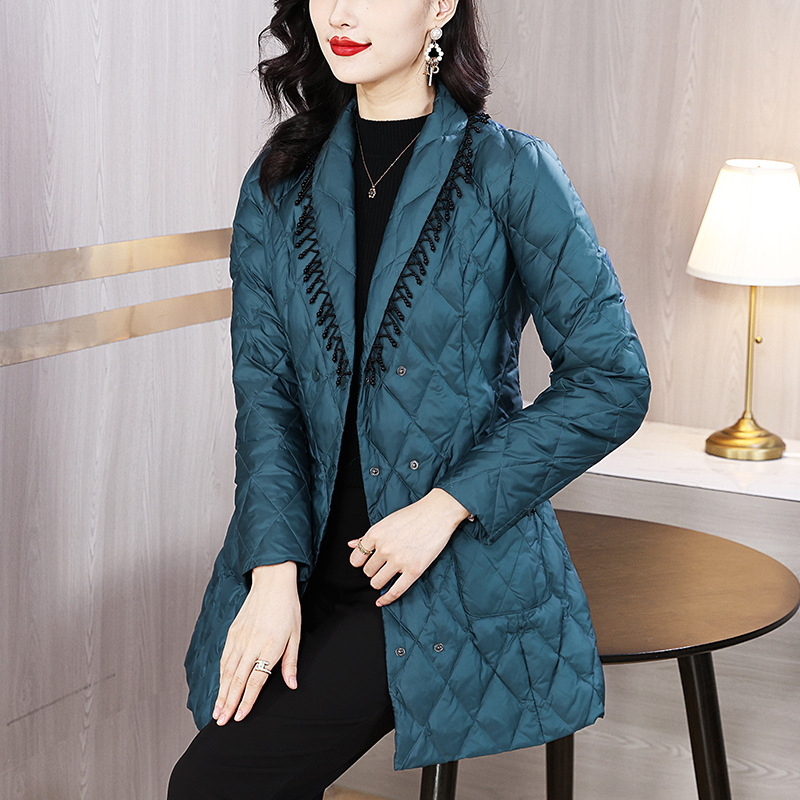 翻领流苏设计感菱格棉服2023冬季新款时尚简约修身款加厚保暖外套