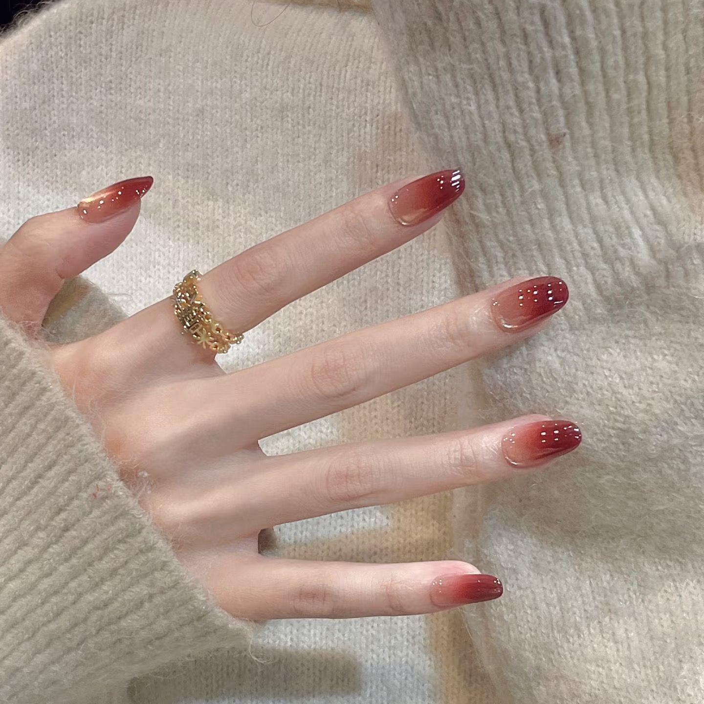 秋冬枫叶红猫眼手工穿戴式显白美甲