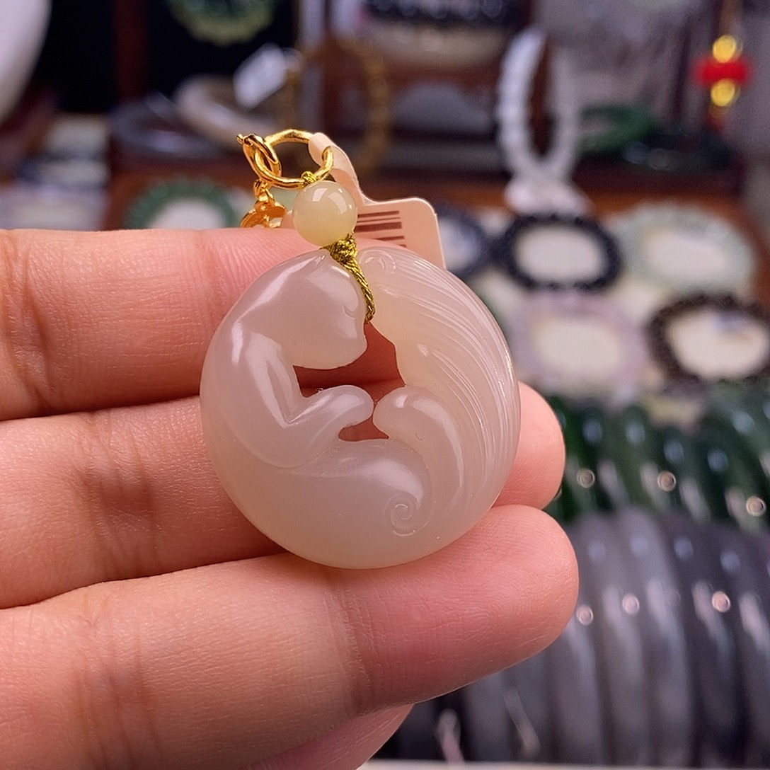 颈饰未镶嵌和田玉熟藕粉脂膏级老矿料红粉凤九吊坠