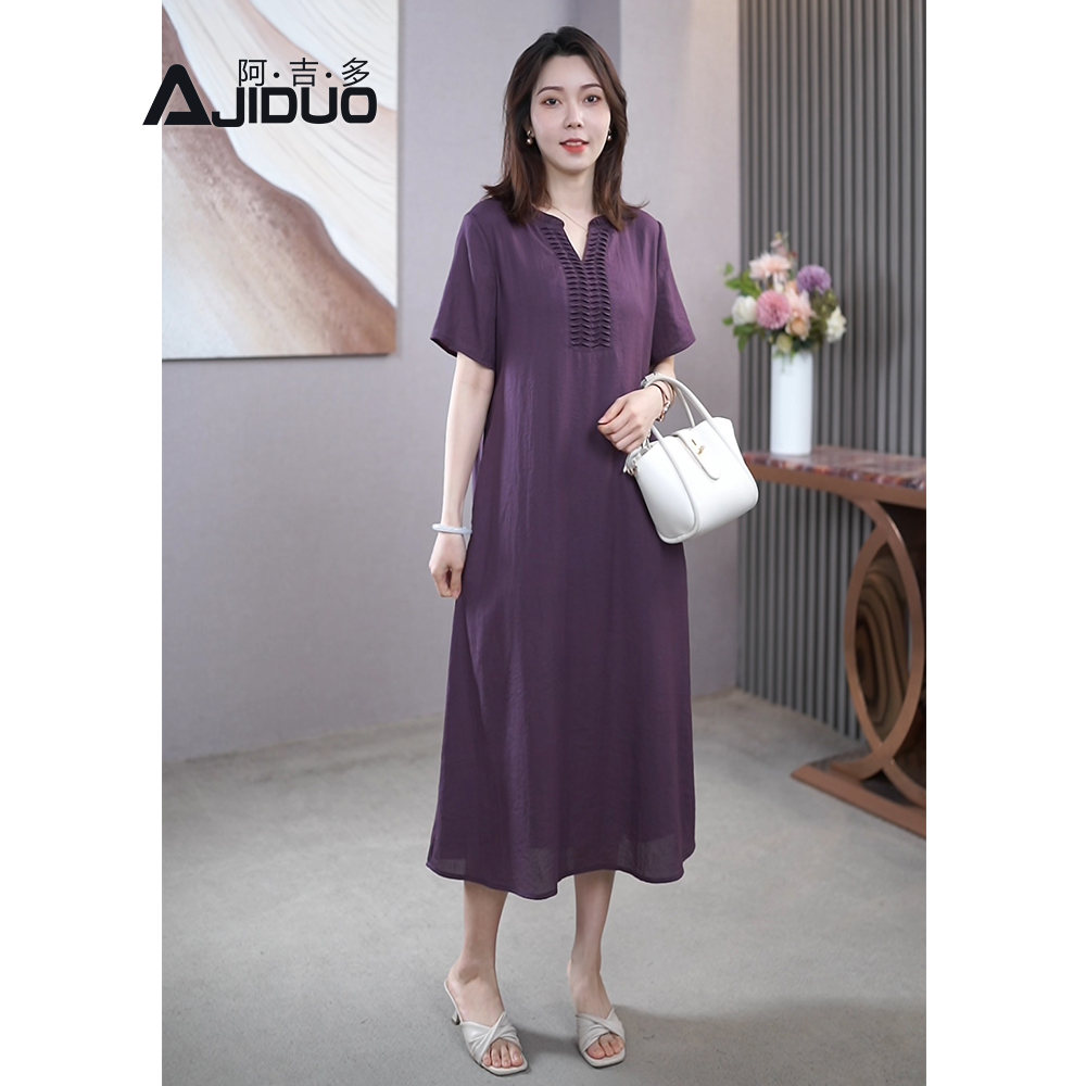 阿吉多A21552中腰文艺复古褶皱纯色夏季连衣裙过膝休闲女装裙子