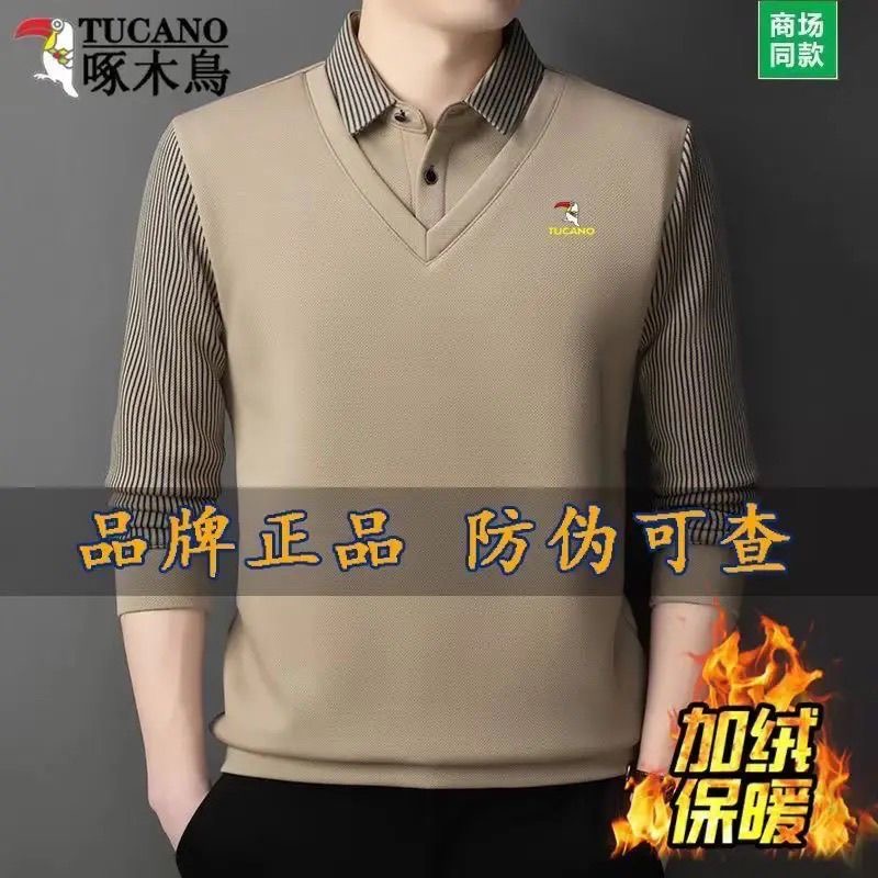 啄木鸟新款秋冬季男士加绒保暖假两件Polo衫时尚翻领加厚打底衫
