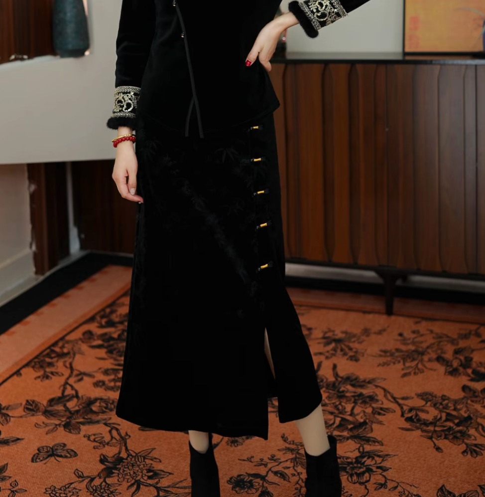 2025秋冬爆竹花加绒加厚款高腰松紧带半身裙气质显瘦中式