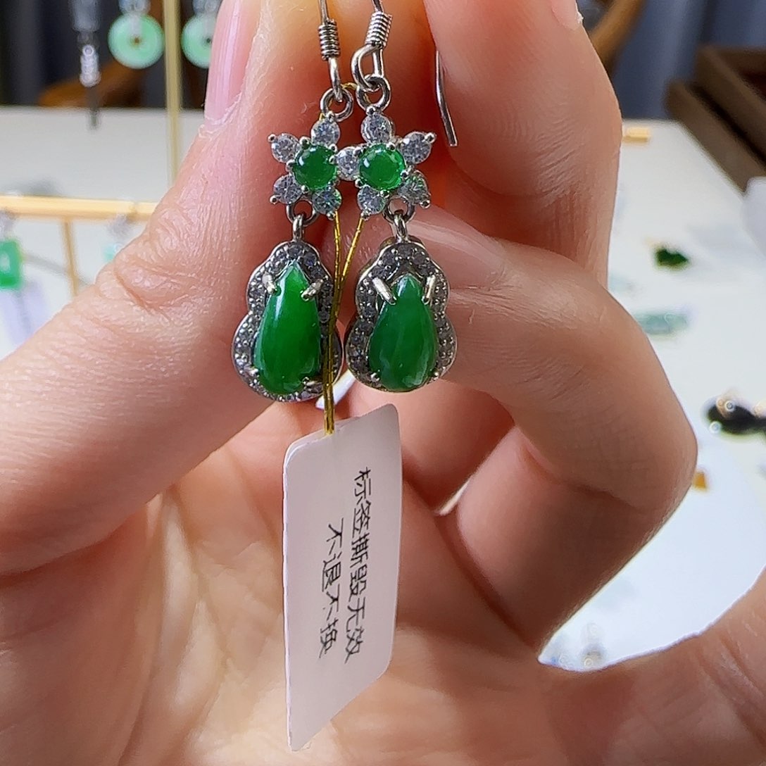 翡翠耳饰银S925镶嵌天然缅甸