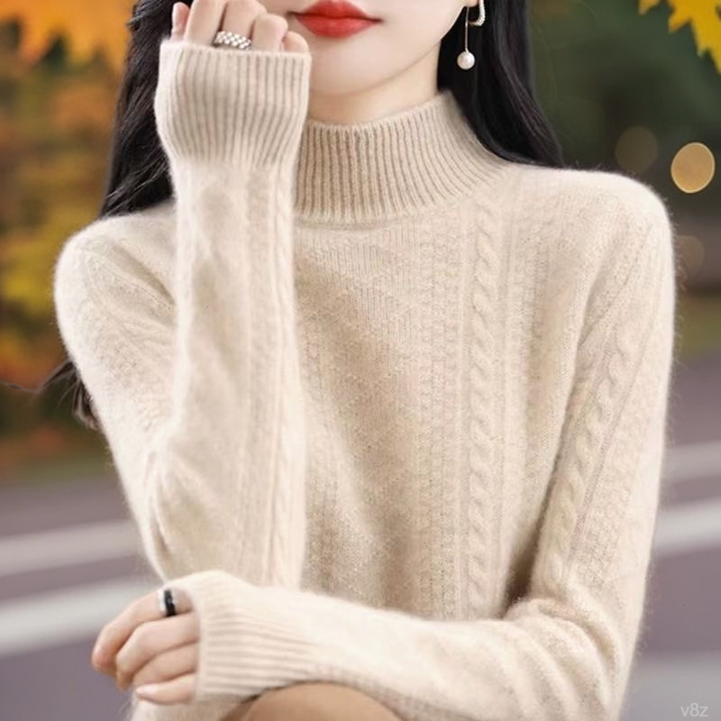 半高领加厚100纯羊毛衫女纯色百搭厚款宽松保暖纯色羊毛100毛衣女