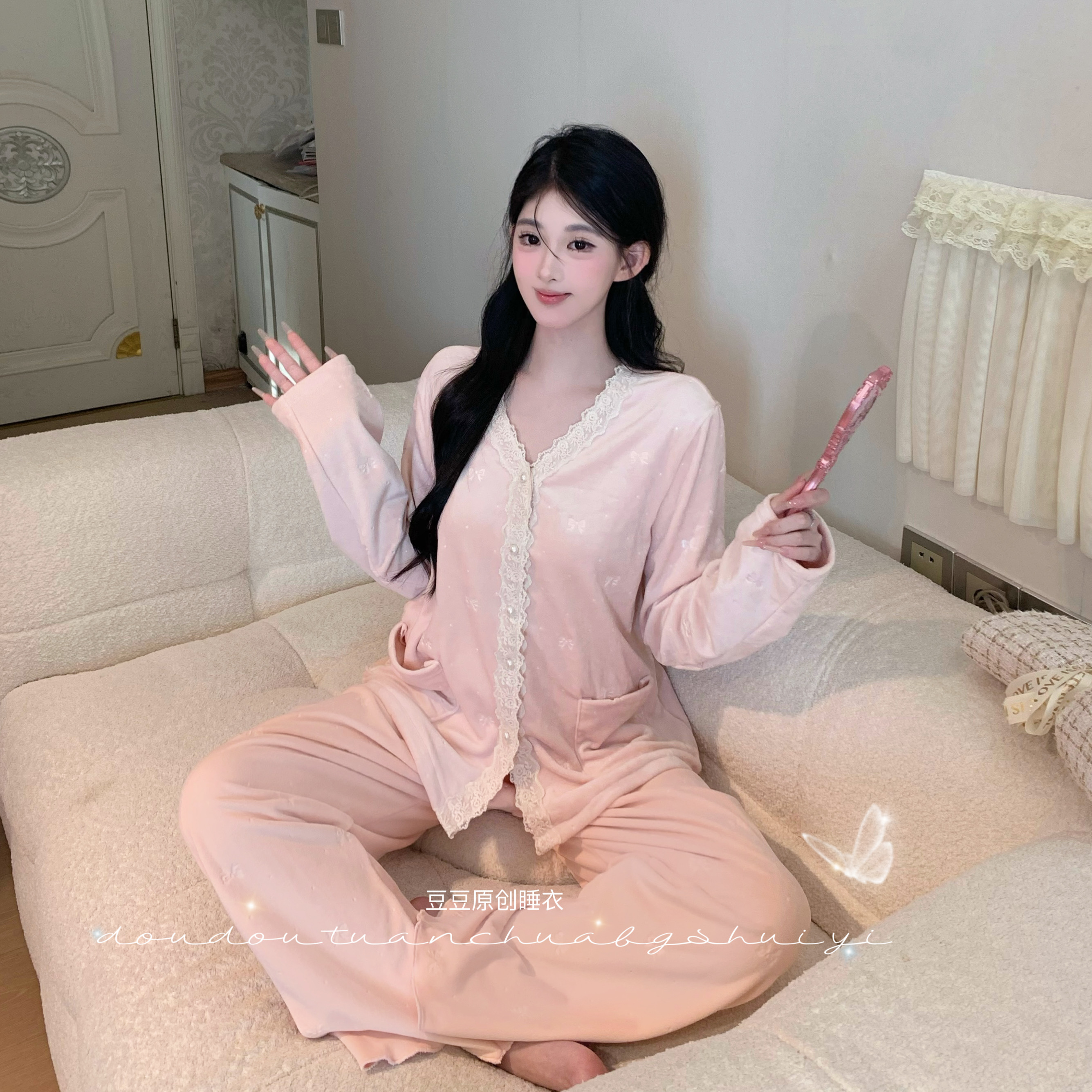 菠萝【粉绒甜梦】海岛双面宝宝绒显白冬保暖家居服冬蕾丝边家居服女