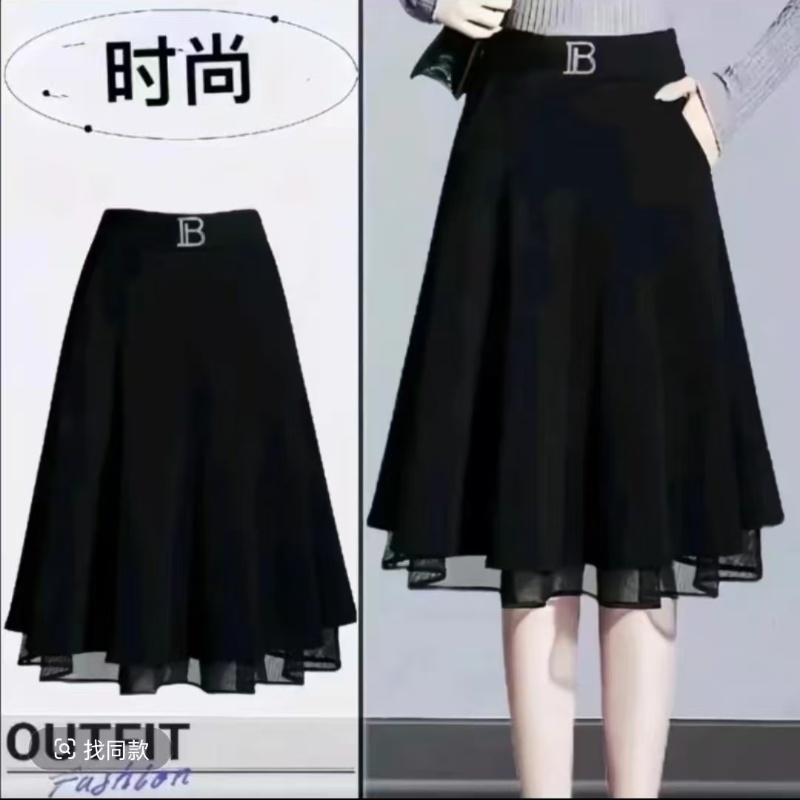 秋冬新款时尚百搭方扣蕾丝边半身裙气质显瘦中长款黑色大摆裙011