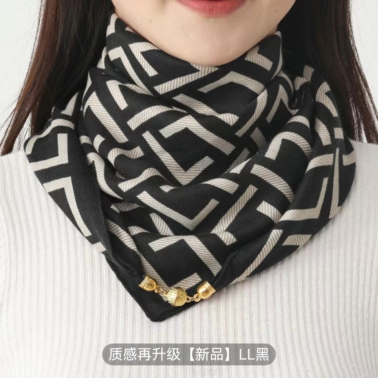 韩版时尚女士棉麻植绒围巾磁吸扣 印花保暖护颈丝绵方巾