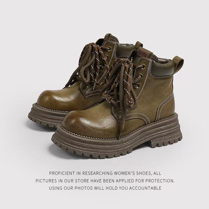 【彭野】‘古墓丽影’秋冬休闲女士真皮大黄靴百搭增高马丁靴女厚底