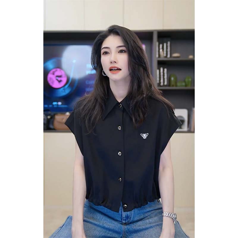 小乖逃XPOLO衫领白色黑色衬衫三角开衫无袖排扣蜜蜂短袖250529