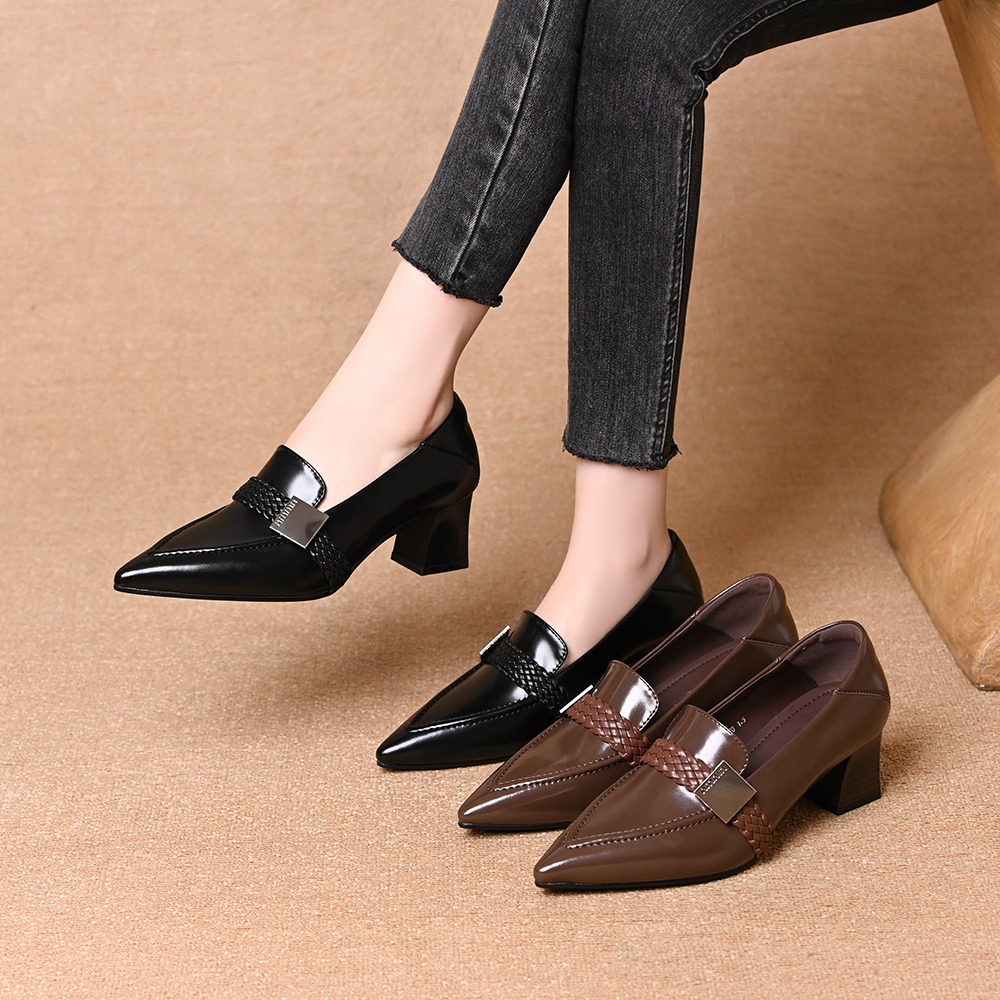 法式复古编织深口单鞋女2025春秋新款百搭尖头粗跟一脚蹬高跟鞋