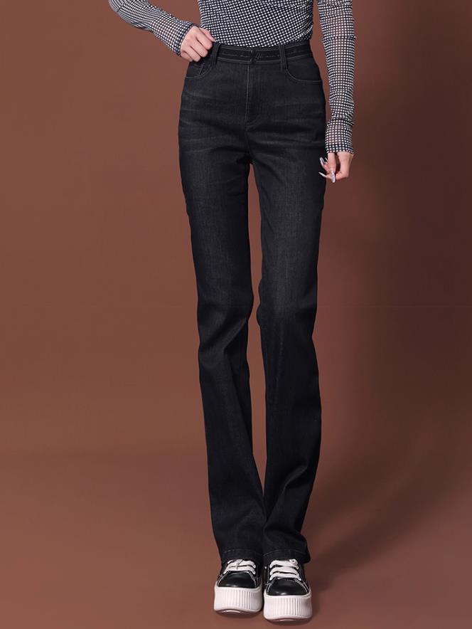 【商场同款】直筒微喇牛仔裤秋冬植绒显瘦高腰弹力长裤女1100462