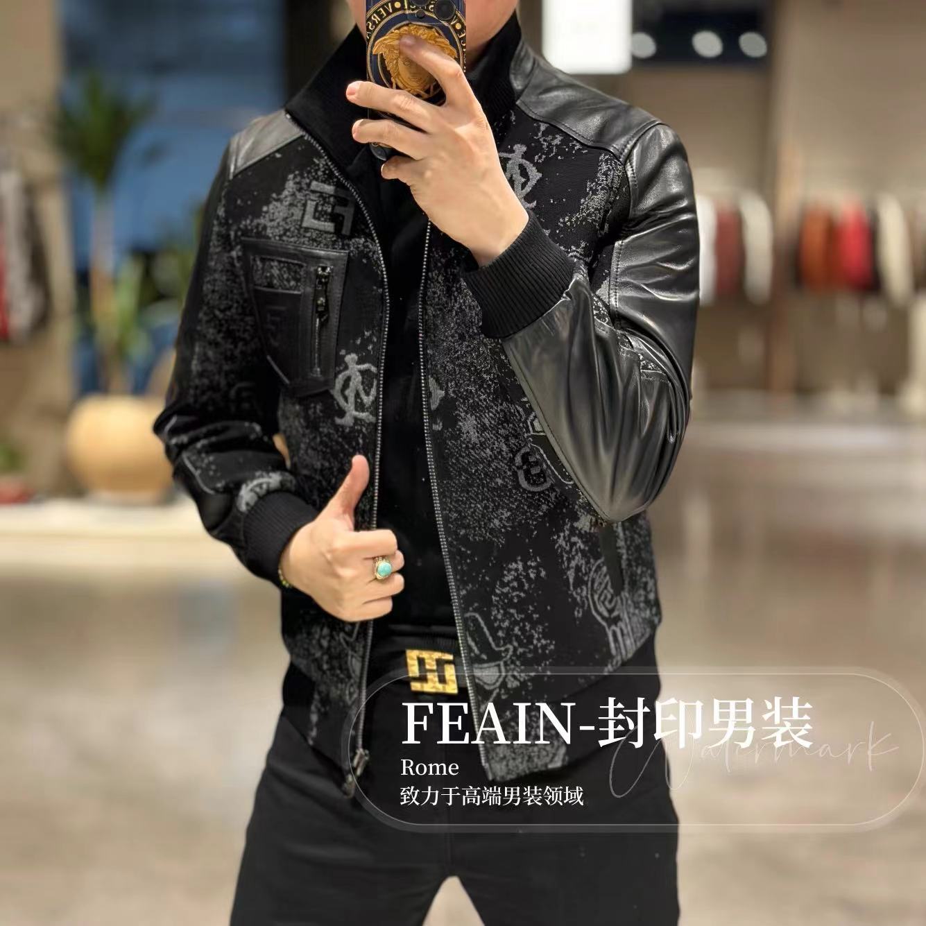 【羊皮拼接】高端定制羊毛混纺花纱飞织加棉真皮拼接夹克9908