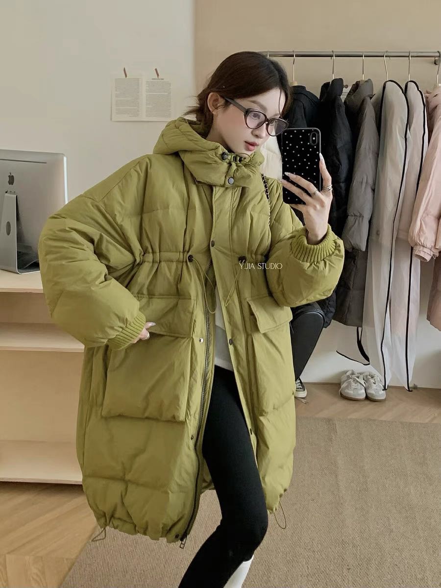 中长款女冬季大口袋螺纹袖宽松抽绳收腰加厚连帽外套网红时尚保暖