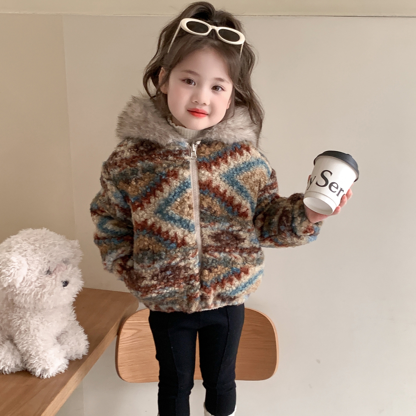 女童彩虹熊连帽外套大童女童双面加绒外套时尚洋气女童大衣