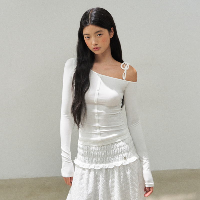 Ariseism 美式复古斜肩长袖单肩吊带长袖t恤女秋季新款修身上衣
