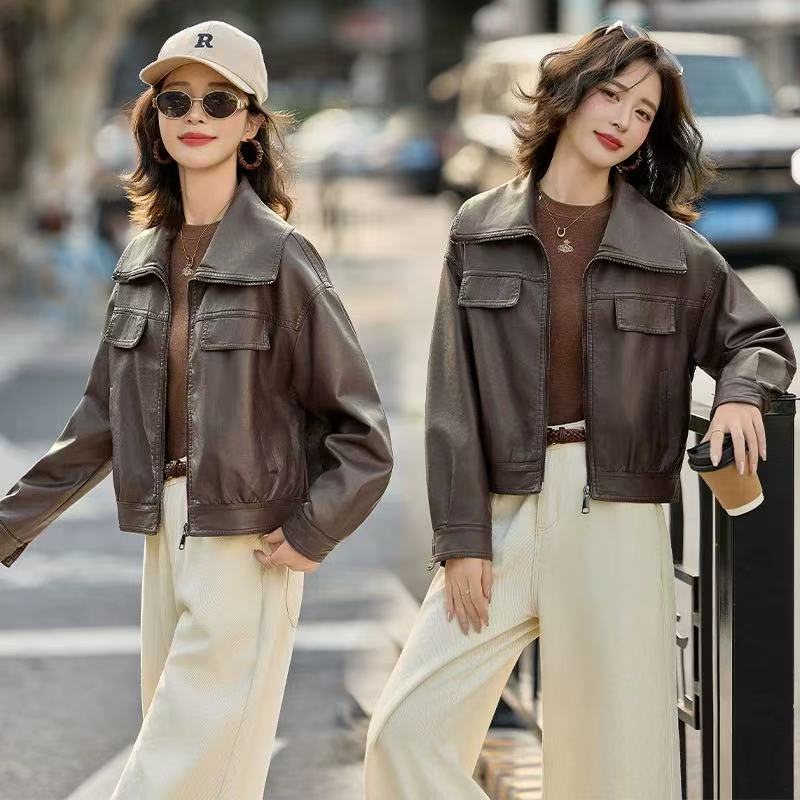 海宁短款翻领PU皮夹克上衣女2025秋新款高级感洋气小个子皮衣外套