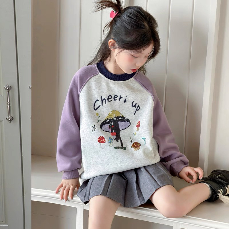 高品质/女童秋冬加绒卡通蘑菇印花洋气韩版卫衣上衣
