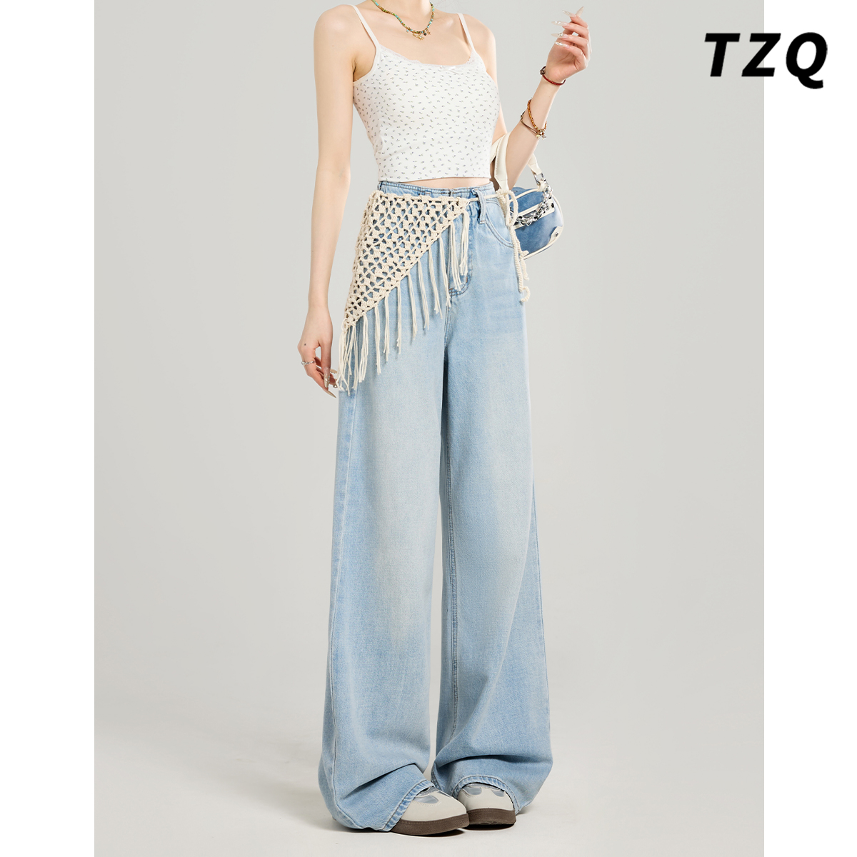 假两件屁帘阔腿牛仔裤女2025新款秋季设计感宽松拖地裤TZQ2531415