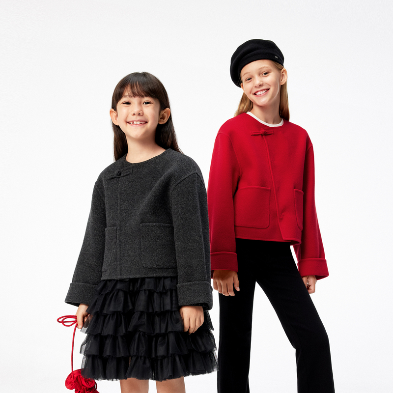 littlemoco童装25春装女童双面呢绵羊毛短款大衣外套#KBE1COT002