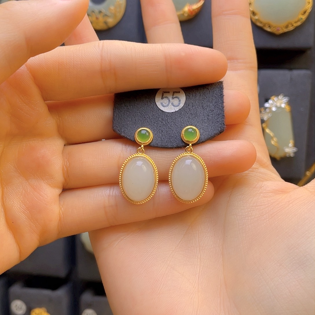 和田玉耳饰银S925镀金镶嵌