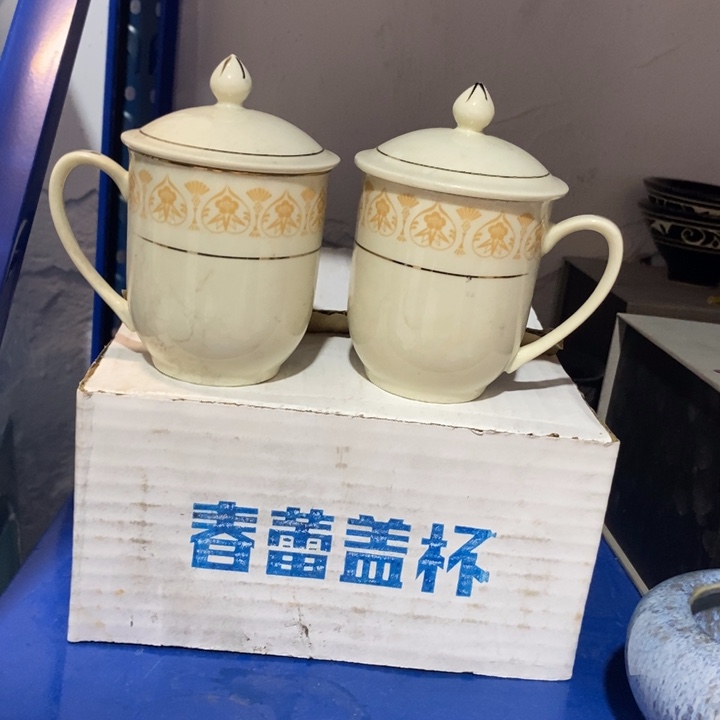 瓷片春蕾象牙瓷盖杯一对