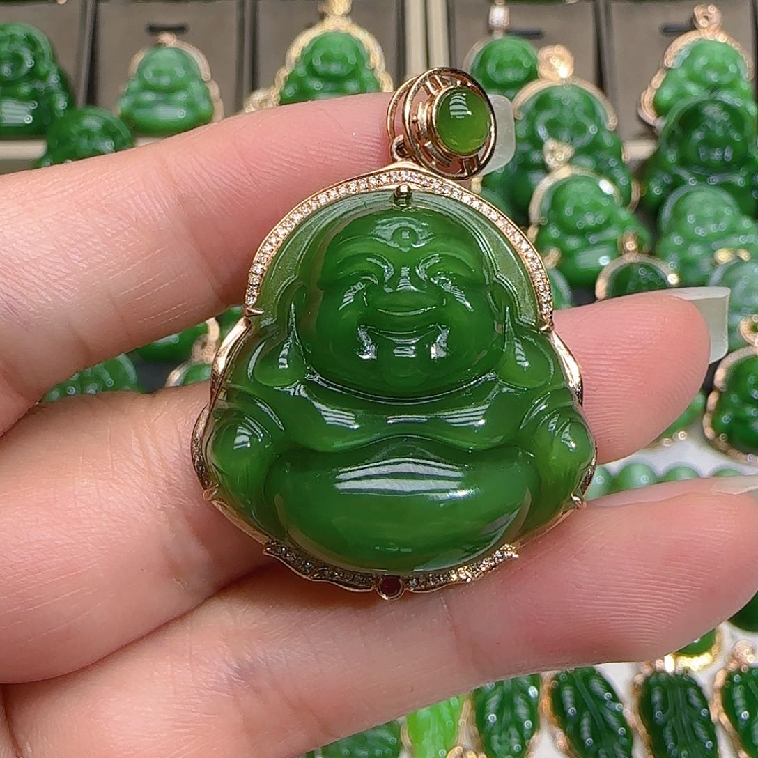 和田玉（碧玉）吊坠(不含链)18K金镶嵌