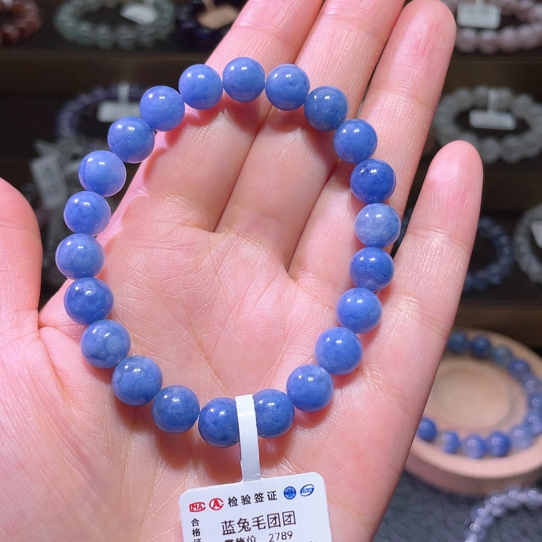 水晶手链未镶嵌蓝兔毛团团手链，晶体通透