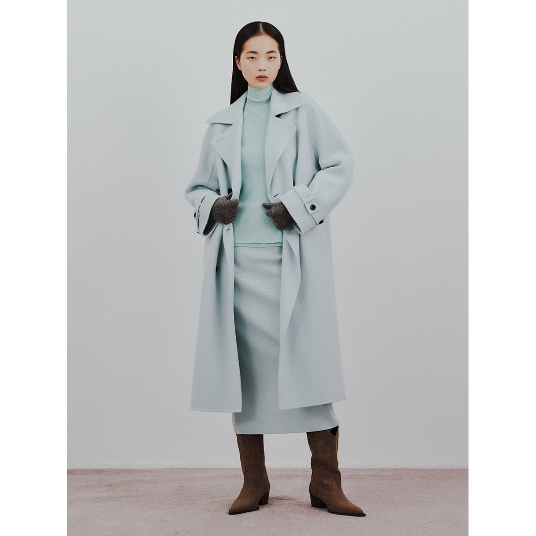  【Montendre】秋冬新款 M 百搭气质保暖羊毛混纺腰带翻领毛呢外套