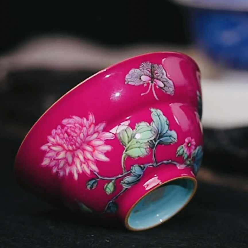 【黄老邪真选】溢珍堂｜胭脂红蝴蝶菊花纹折腰杯景德镇主人杯