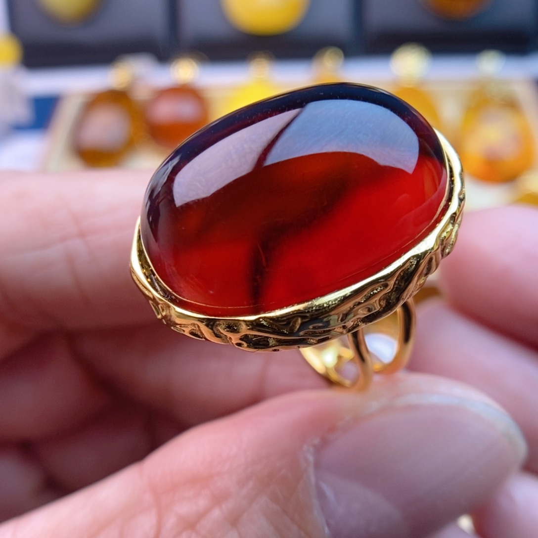 琥珀戒指银S925镀金镶嵌