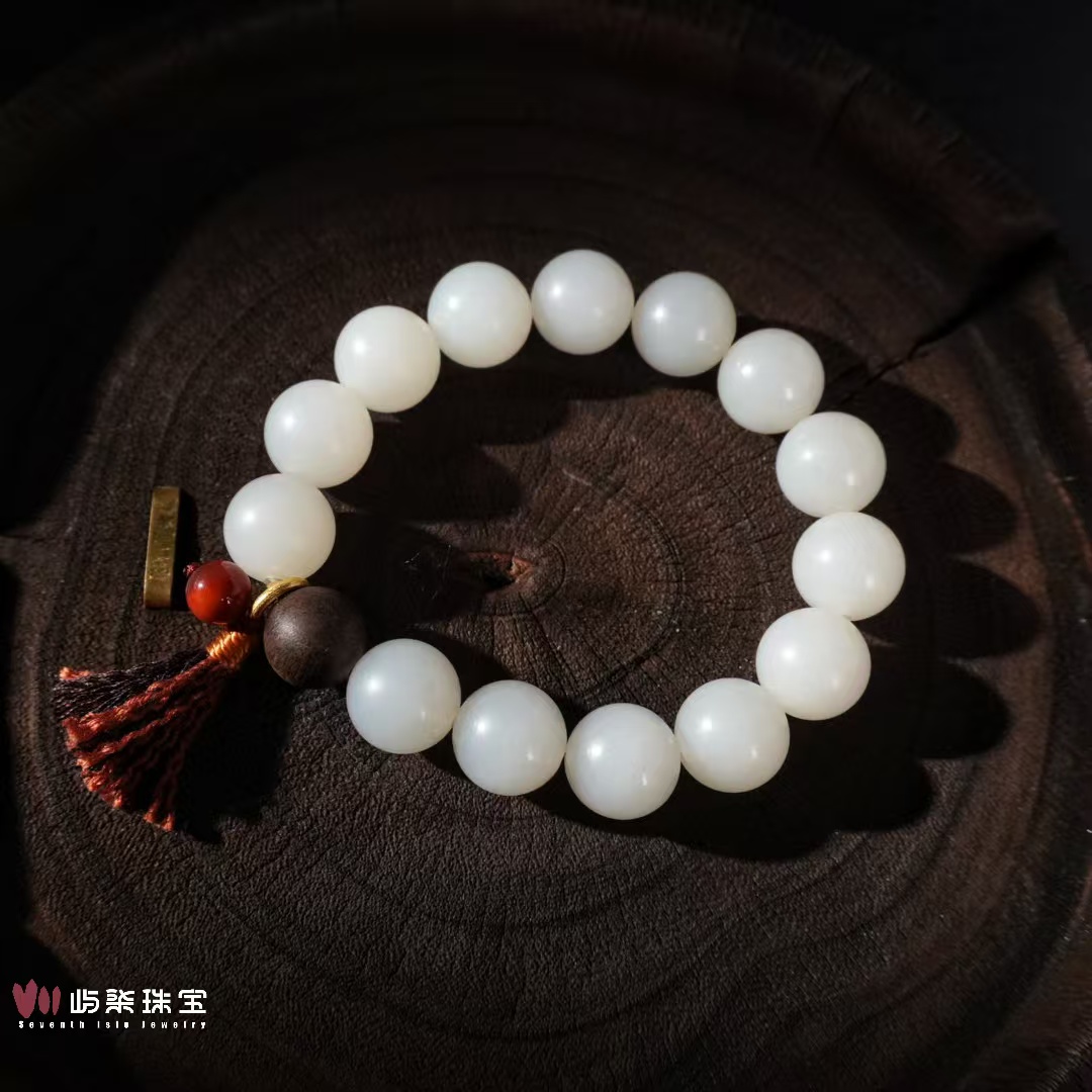 F220 和田玉18K镶嵌 新疆金山白12mm圆珠单红提溜流苏手串 防跑