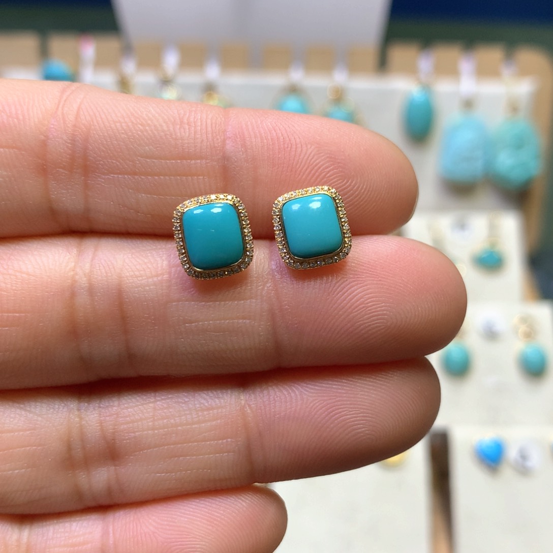 绿松石耳钉18K金镶嵌