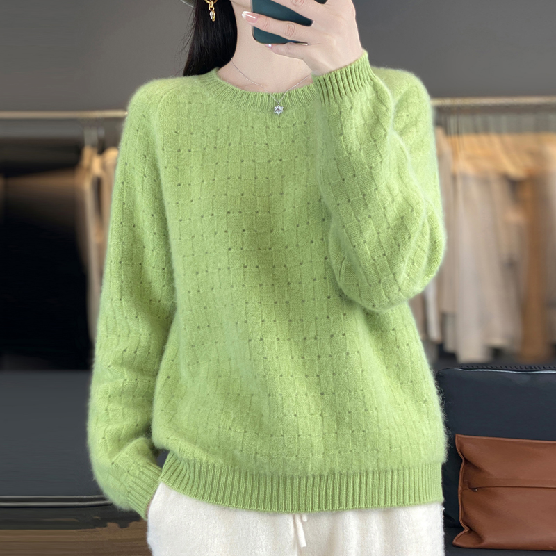 100%羊毛圆领镂空华夫格提花针织羊毛衫女宽松慵懒风减龄亲肤上衣