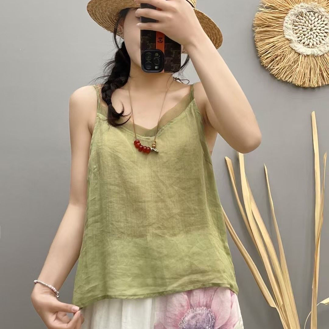 【清货+运费险】棉麻拼接欧根纱夏季薄款宽松纯色吊带背心无袖Y2003