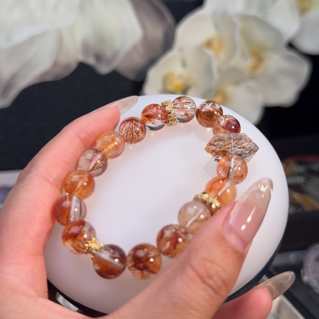 水晶手串未镶嵌黑红超七水晶10咪