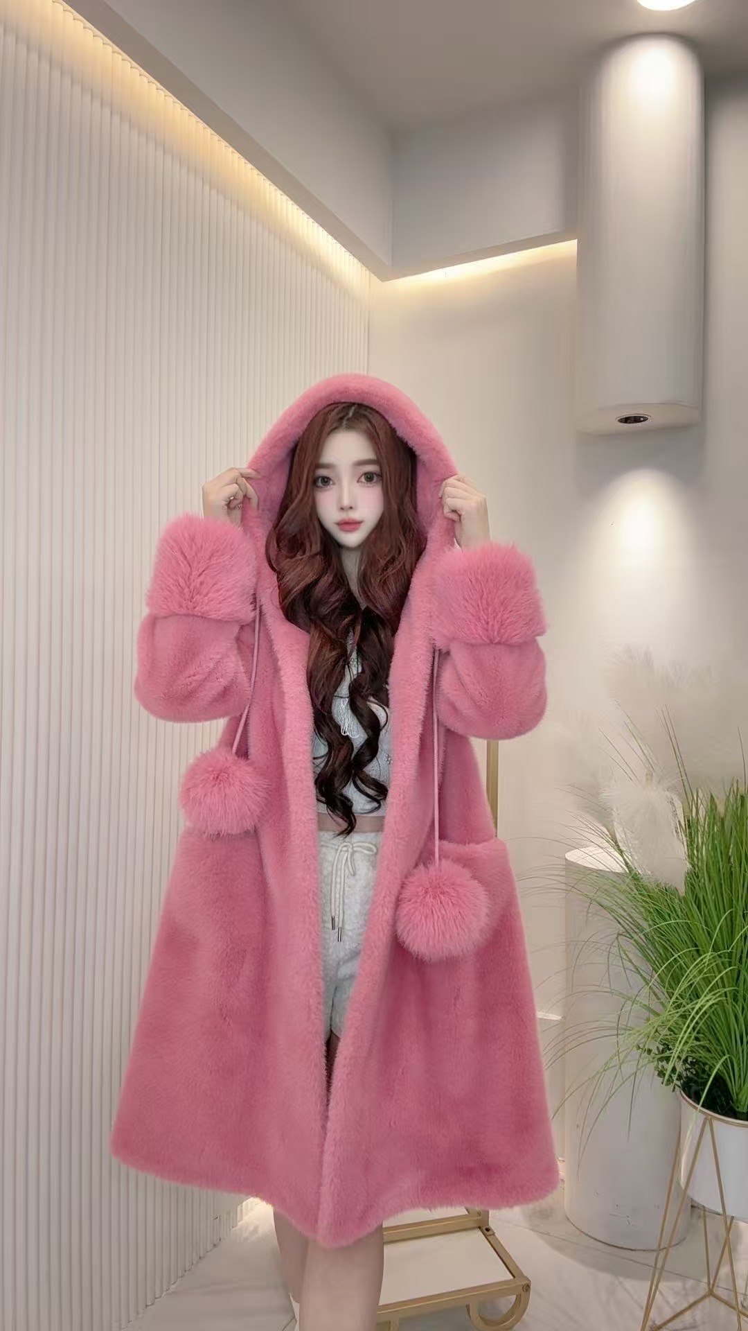 圣诞巫师帽大毛球网红气质时尚百搭连帽宽松加厚秋冬外套23288