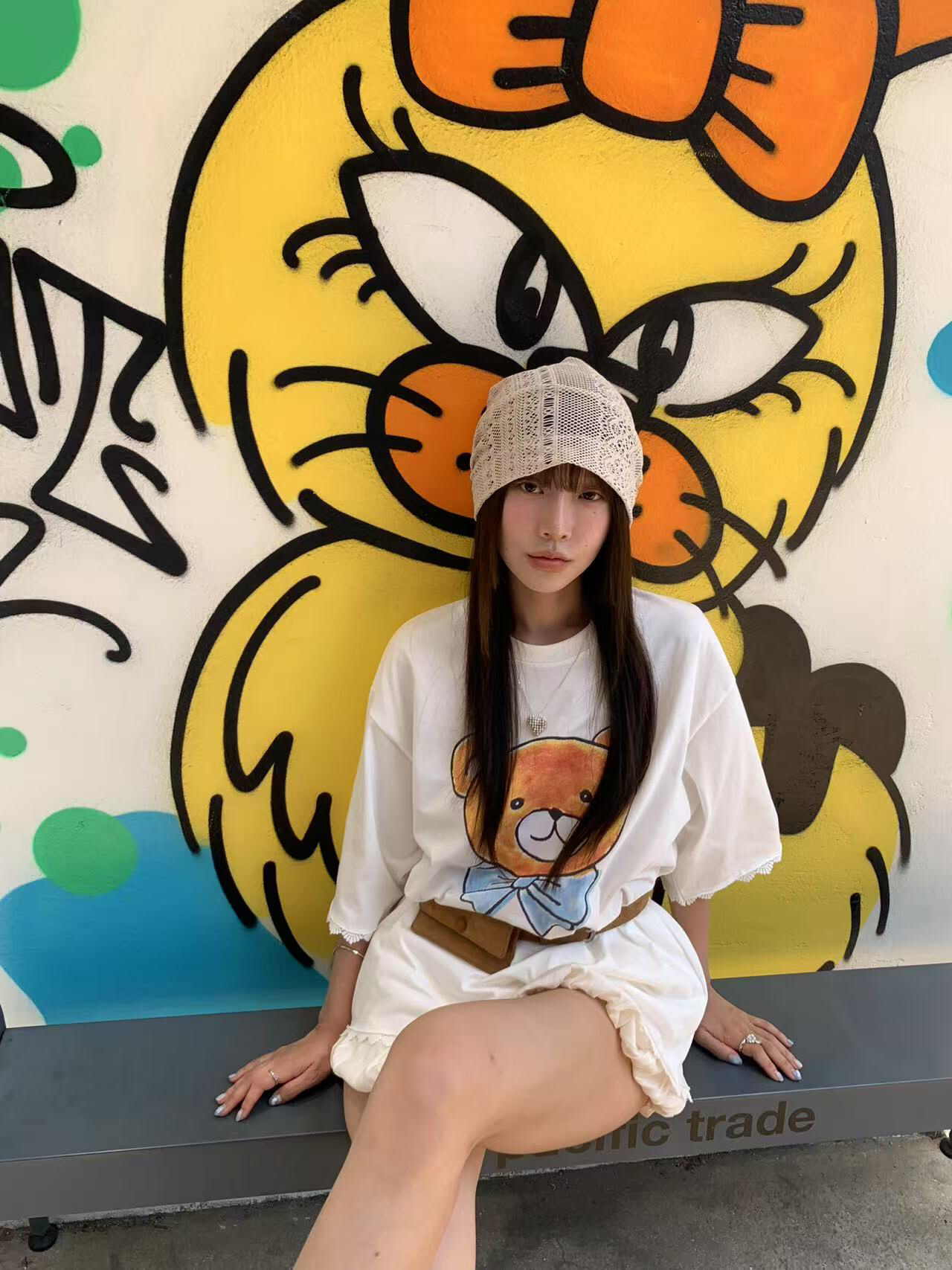 THESE DAY/2025夏季小熊设计钩花边大白tee/米色花苞短裤