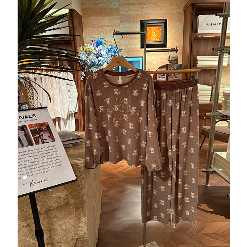 米诗缇【海岛绒字母小熊套头款棕色】时尚可外穿长袖长裤睡衣家居服