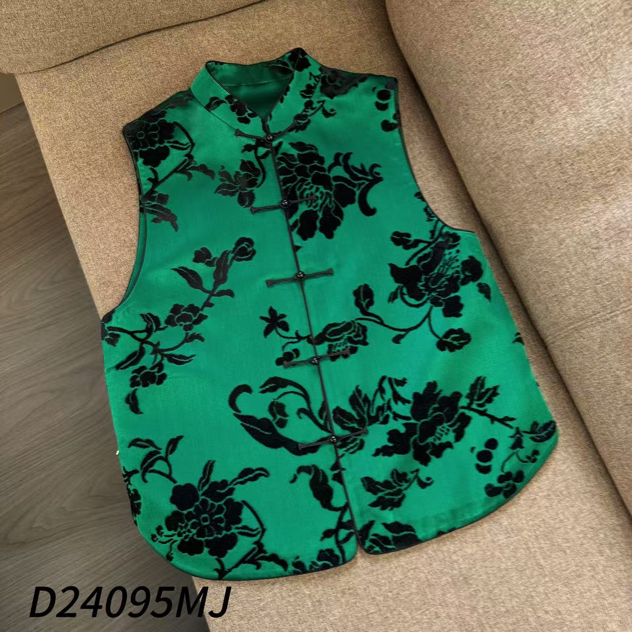 漳缎 绿底黑花 正襟马甲 D24095MJ 