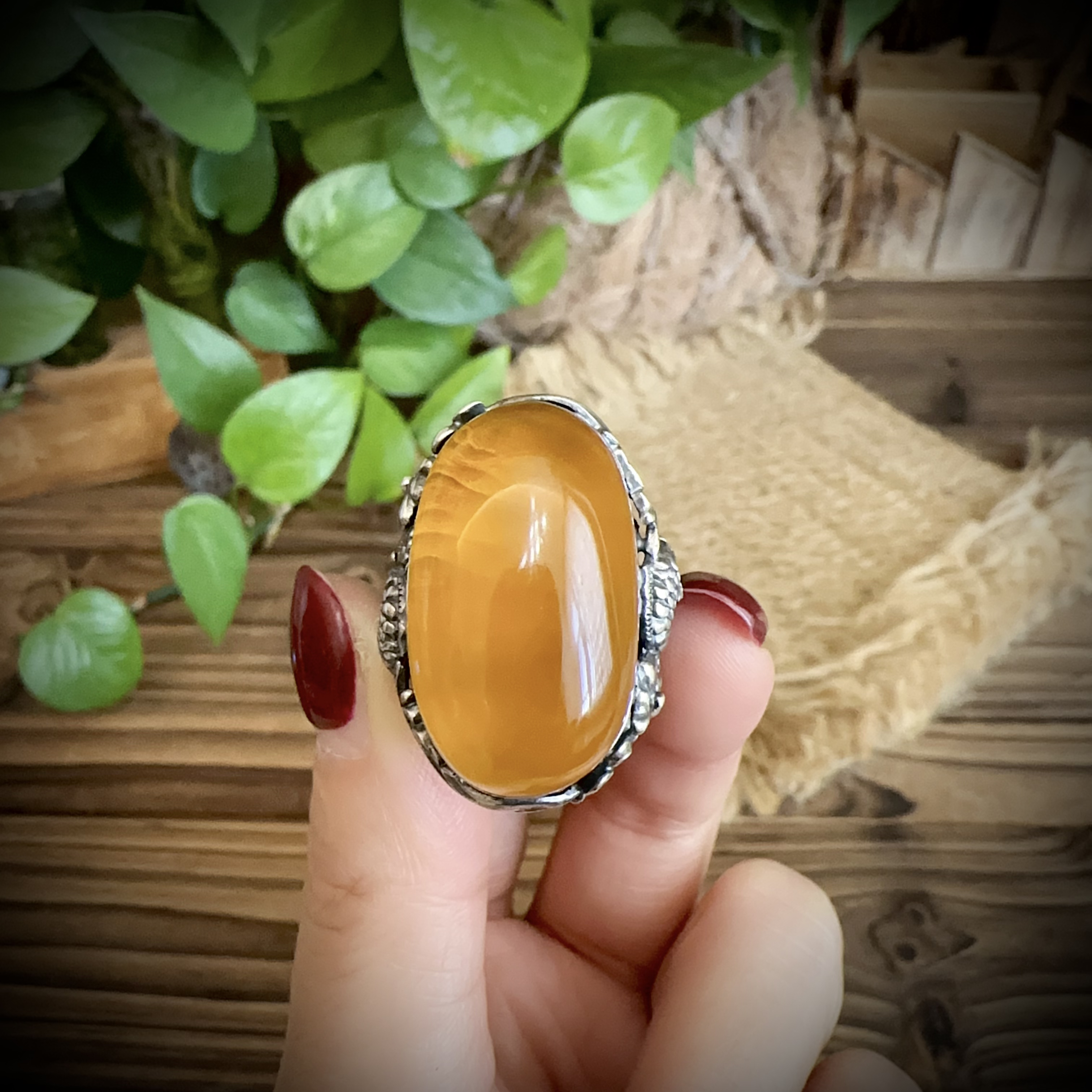 【古香古色】复古s925银蜜蜡琥珀戒指（开口可调节）