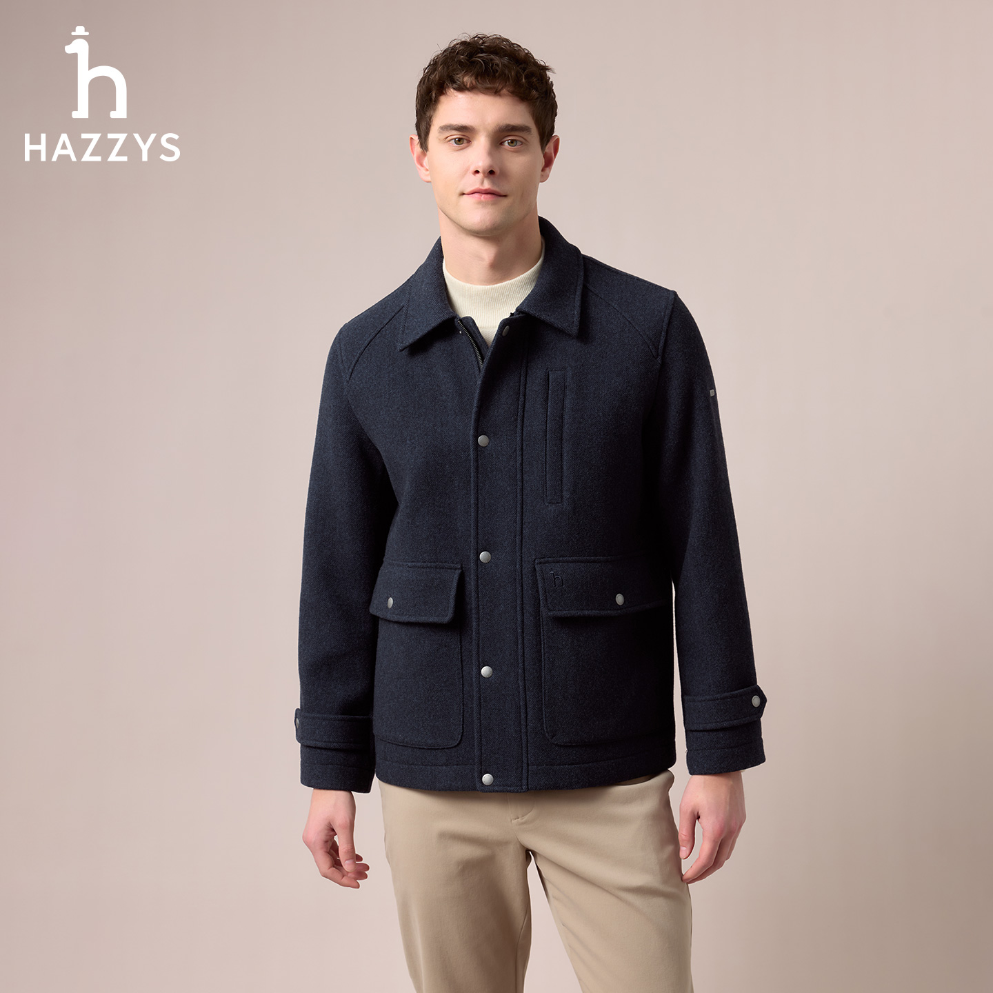 【商场同款】HAZZYS哈吉斯冬季男士毛呢大衣短款时尚休闲羊毛外套
