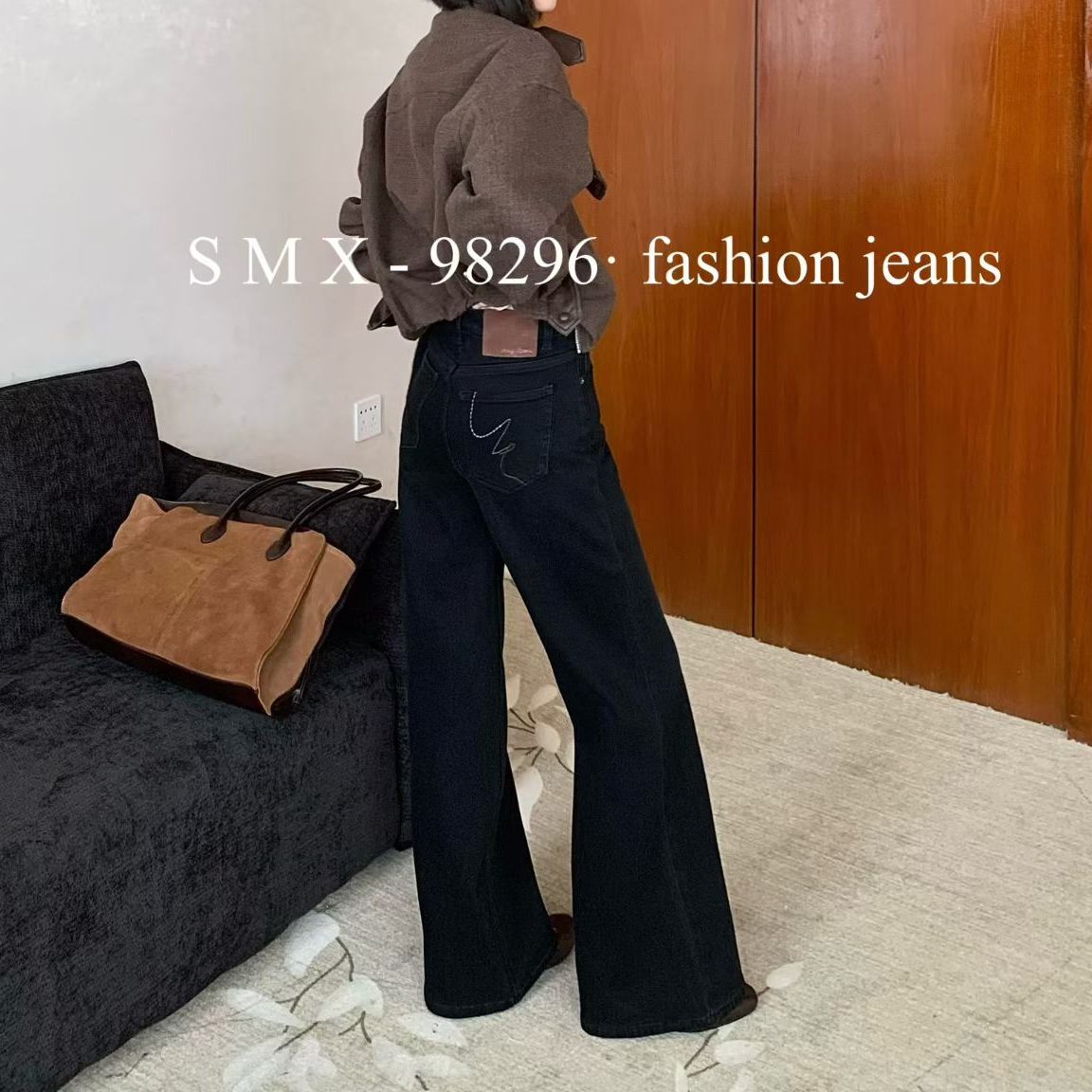 SMX品牌店直筒微喇牛仔裤女冬季加绒黑色四面弹阔腿裤长裤98296-1